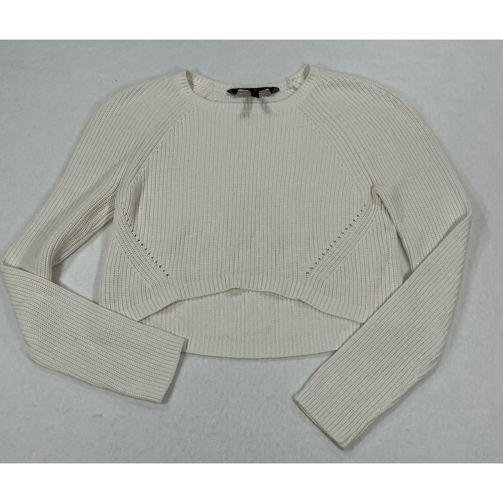 BCBGMAXAZRIA Women XXS Cream Ribbed Knit Cropped High Low Pullover Sweater